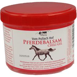 Rote Dose mit Pferdebalsam Chili Gel und Abbildung eines Pferdes.