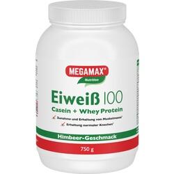 Eine Dose Megamax Eiweißpulver mit Himbeergeschmack.