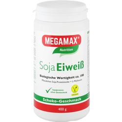 Weiße Dose mit Sojaproteinpulver, Schoko-Geschmack, vegan und ohne Gentechnik.