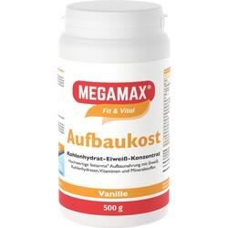 Eine weiße Dose Megamax Aufbaunahrung mit Vanillegeschmack.