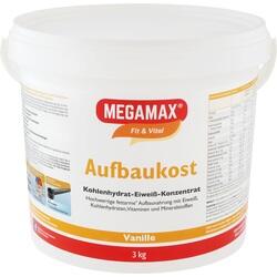 Ein weißer Eimer voll Aufbaunahrung mit Vanillegeschmack.