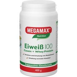 Weiße Dose mit Megamax Eiweißpulver mit Cappuccino-Geschmack.