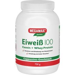 Weiße Dose mit Proteinpulver im Cappuccino-Geschmack.