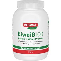 Weiße Proteinpulver-Dose mit der Aufschrift "Eiweiß 100" und Schoko-Geschmack.