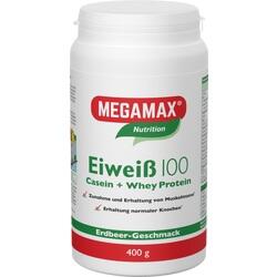 Weiße Dose mit MegaMax Eiweißpulver, Erdbeergeschmack, 400 Gramm.