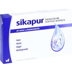 Die Packung zeigt Sikapur Softgel-Kapseln für Haut, Haare, Nägel und Bindegewebe.