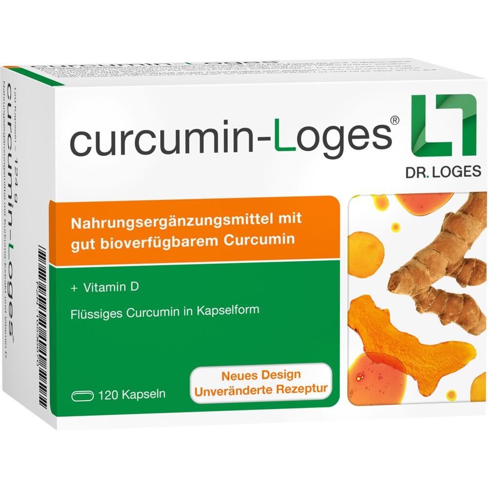 Eine Packung Curcumin-Loges Kapseln als Nahrungsergänzungsmittel mit Vitamin D.