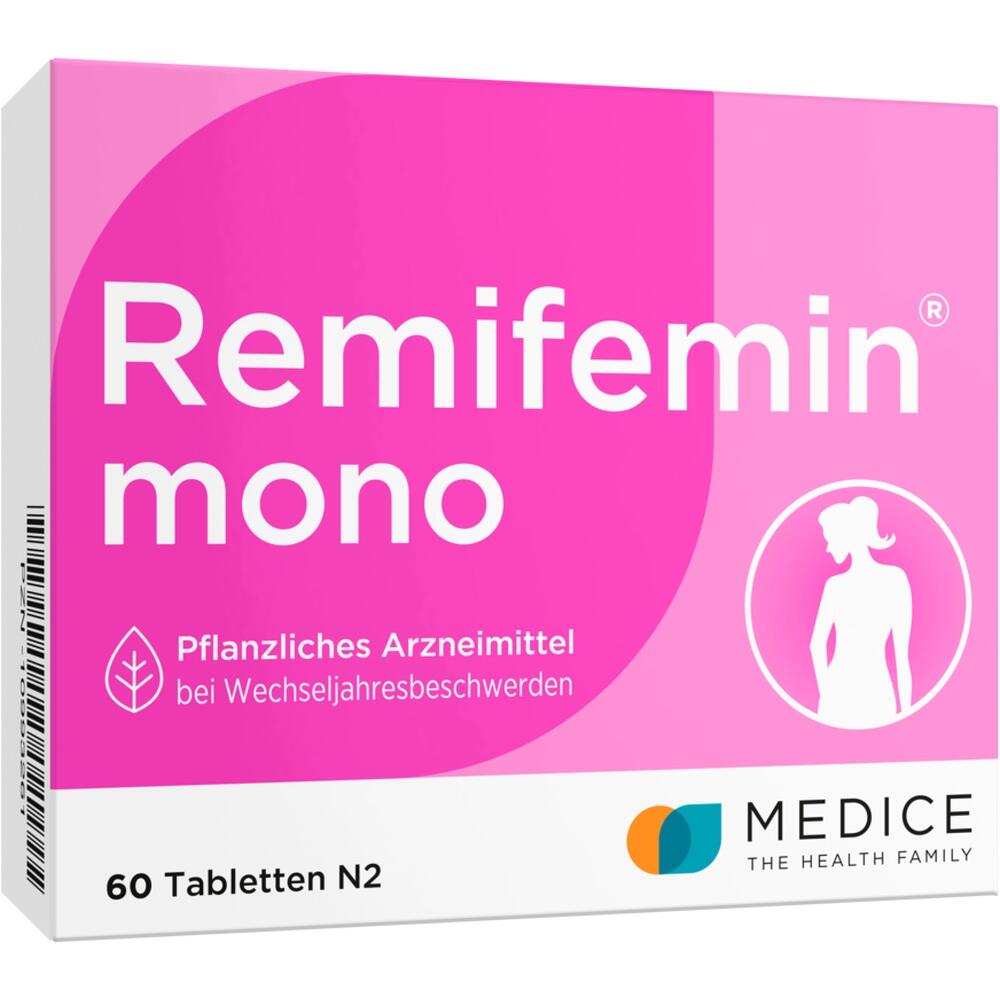 Schachtel mit pinkem Design von Remifemin mono, pflanzliches Mittel für Wechseljahresbeschwerden.