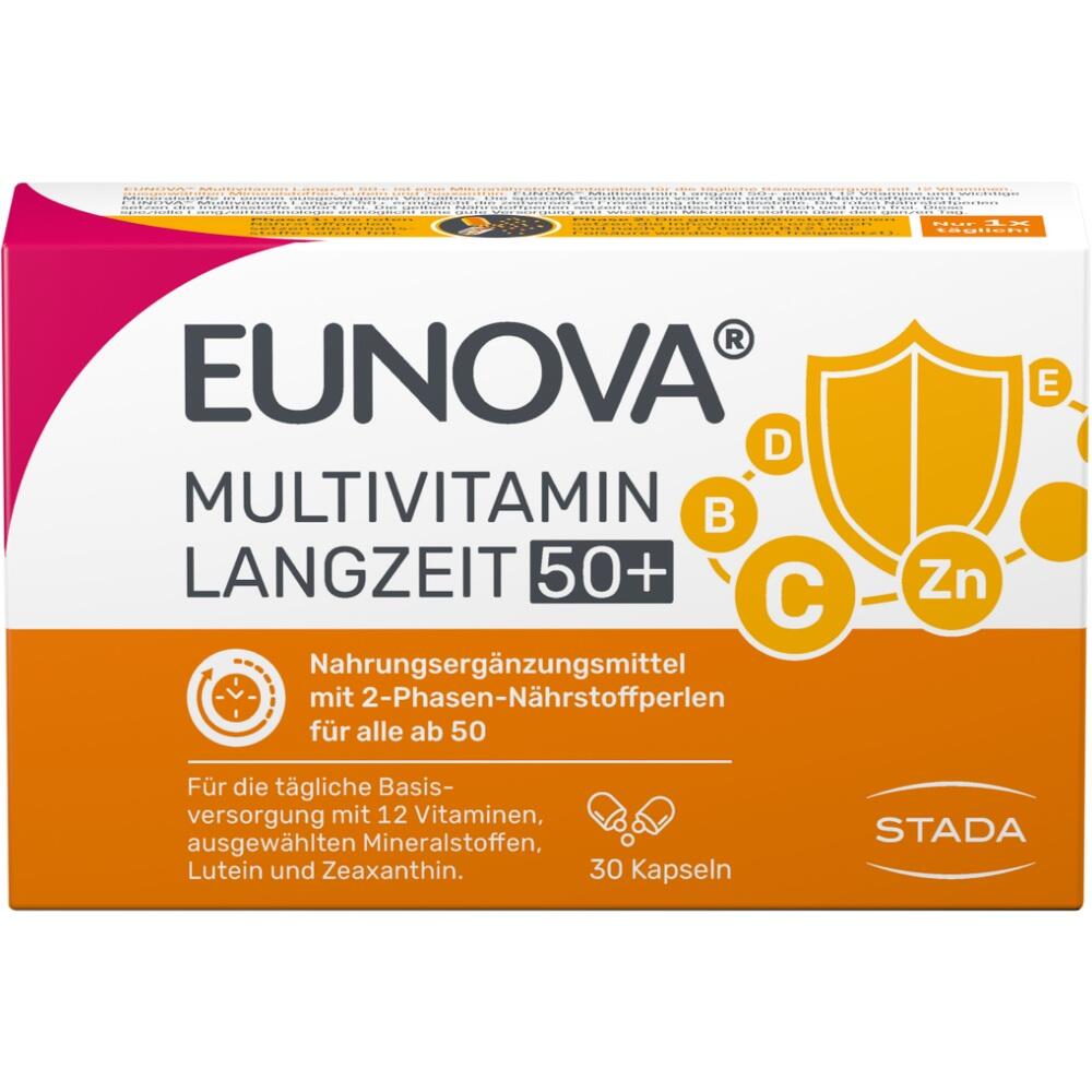 Verpackung von EUNOVA Multivitamin Langzeit 50+ mit 30 Kapseln für Personen über 50.