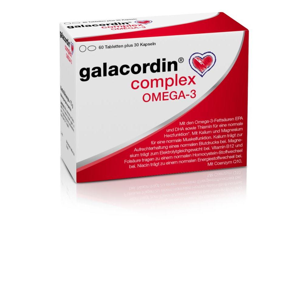 Weiße Packung mit rot-schwarzer Schrift und einem Herzsymbol, „galacordin complex OMEGA-3“.
