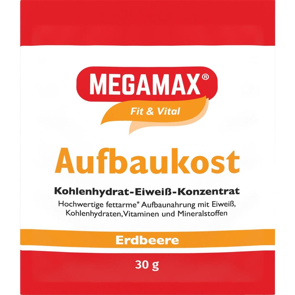 Rote Verpackung einer Aufbaukost mit Erdbeergeschmack, 30 Gramm.