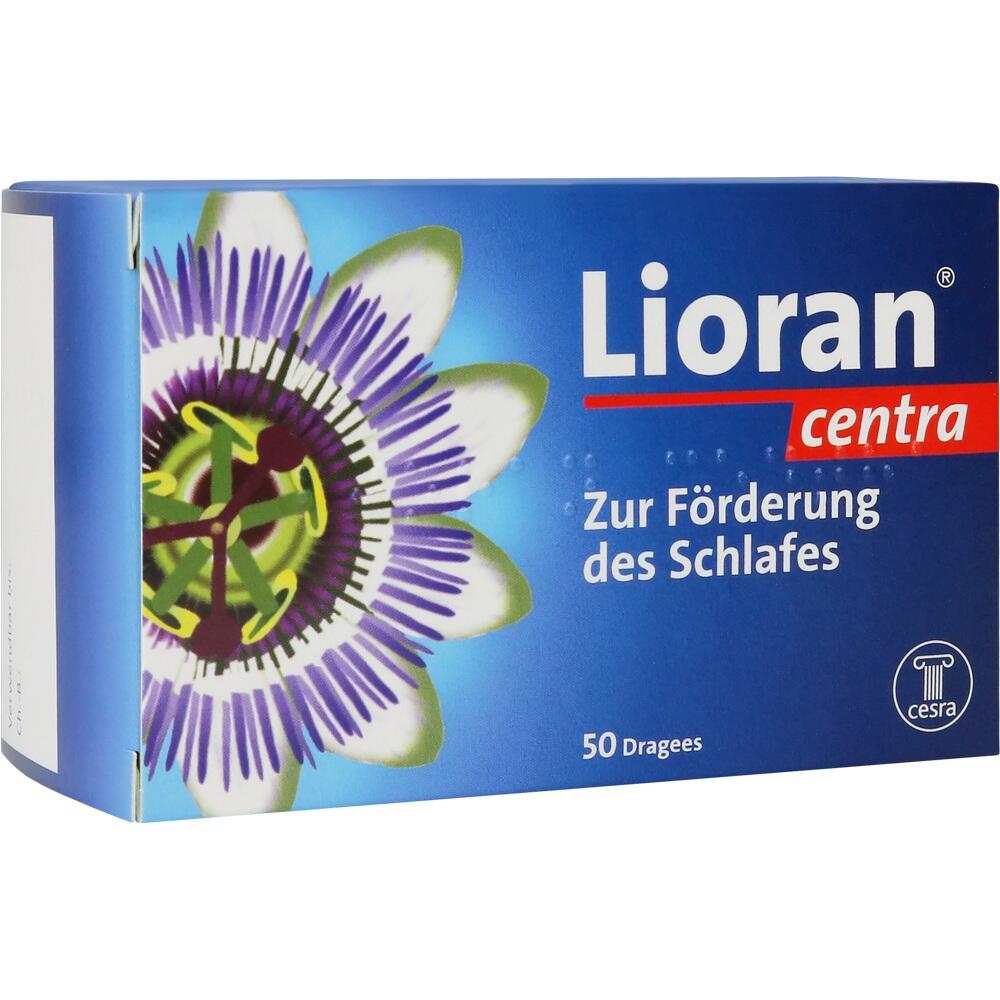 Eine blaue Verpackung mit einer Blume und dem Schriftzug "Lioran centra" zur Schlafhilfe.