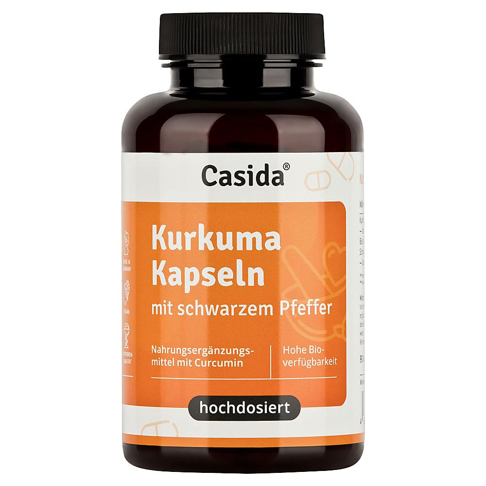 Schwarze Flasche mit Kurkuma-Kapseln und schwarzem Pfeffer auf orangefarbenem Etikett.
