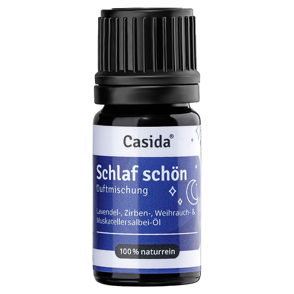 Flasche mit ätherischen Ölen zur Entspannung und besserem Schlaf.