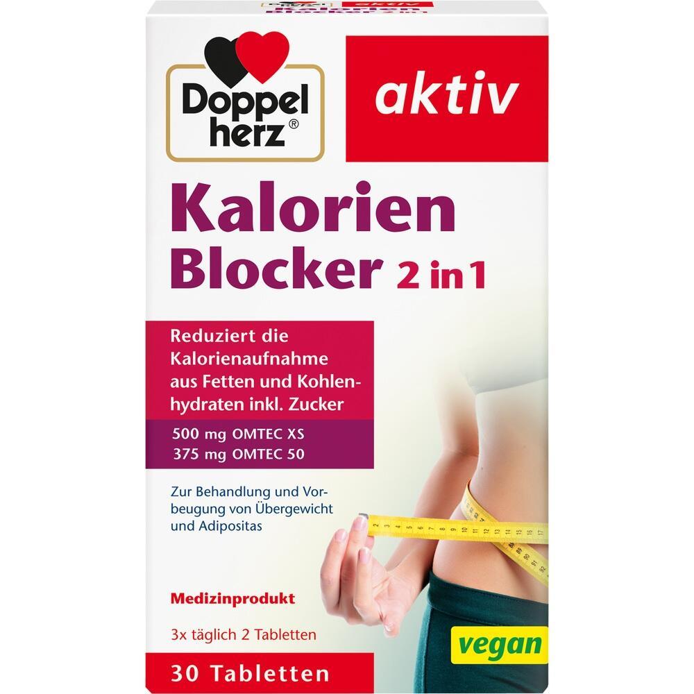 Verpackung von "Doppelherz Kalorien Blocker" mit Maßband und veganem Hinweis.