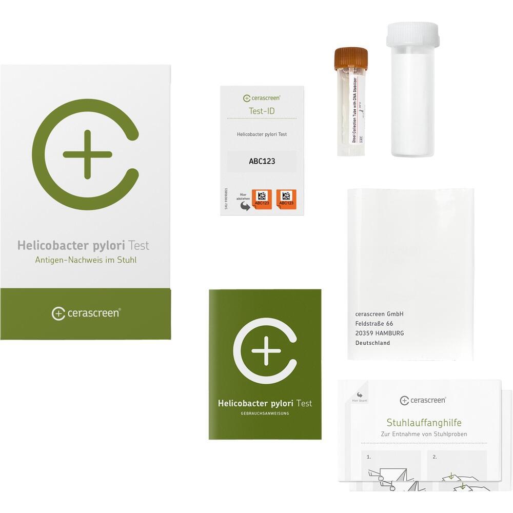 Ein Testkit zur Erkennung von Helicobacter pylori mit Anleitung und Zubehör.