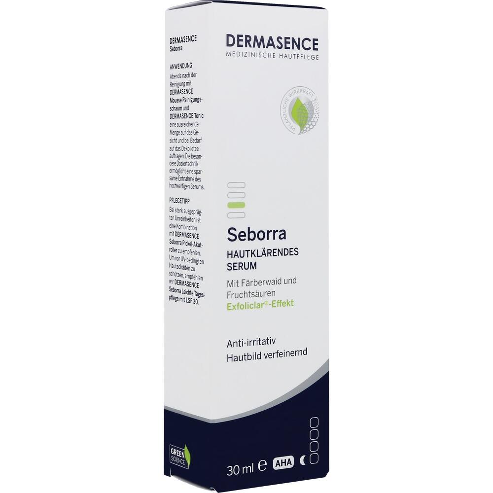 Verpackung des Seborra Hautklärenden Serums von Dermasence zeigt Text zur Anwendung.