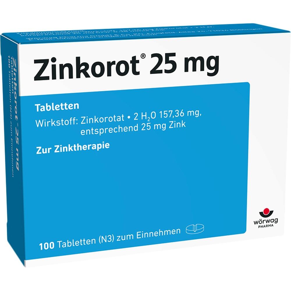 Blaue Medikamentenverpackung mit der Aufschrift "Zinkorot 25 mg" für Zinktherapie.
