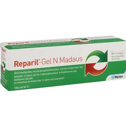 Grüne und weiße Verpackung von Reparil-Gel N Madaus zur Schmerzlinderung.