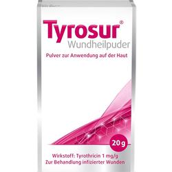 Verpackung von Tyrosur Wundheilpuder zur Behandlung infizierter Wunden.
