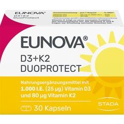 Weiße Verpackung mit Vitamin D3 und K2 Kapseln von EUNOVA, gelbes Sonnensymbol.